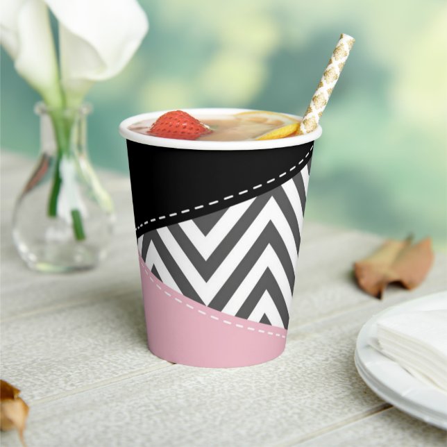Gobelets En Papier Gris Zigzag, Gris Chevron, Motif Zigzag, Rose (Insitu)