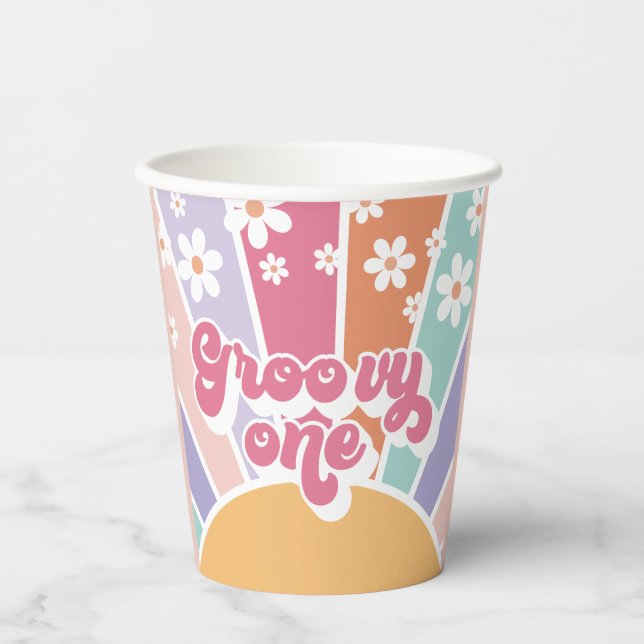 Gobelets En Papier Groovy One Retro Sunshine Rainbow Daisy (Recto)