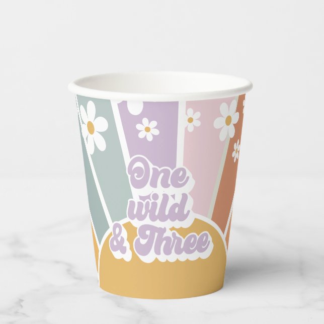 Gobelets En Papier Groovy One Wild Three Retro Sunshine Rainbow (Recto)