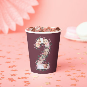 Gobelets En Papier Gros 2e anniversaire fille photo Collage Fleur ros