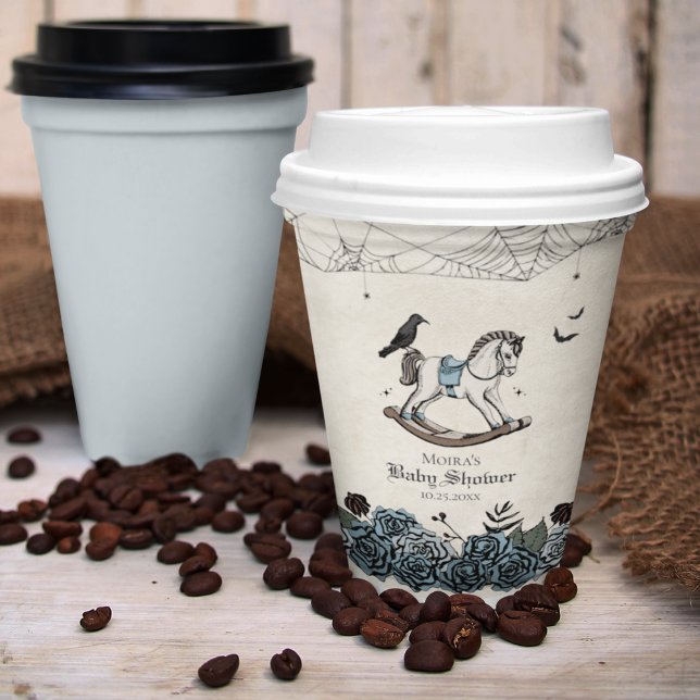 Gobelets En Papier Halloween Baby shower Bleu Éffrayant Rocking Horse (Gothic Baby Shower. Hand Drawn Vintage Pink Rocking Horse, Black Raven, Spiderwebs, Bats, Blue Roses)