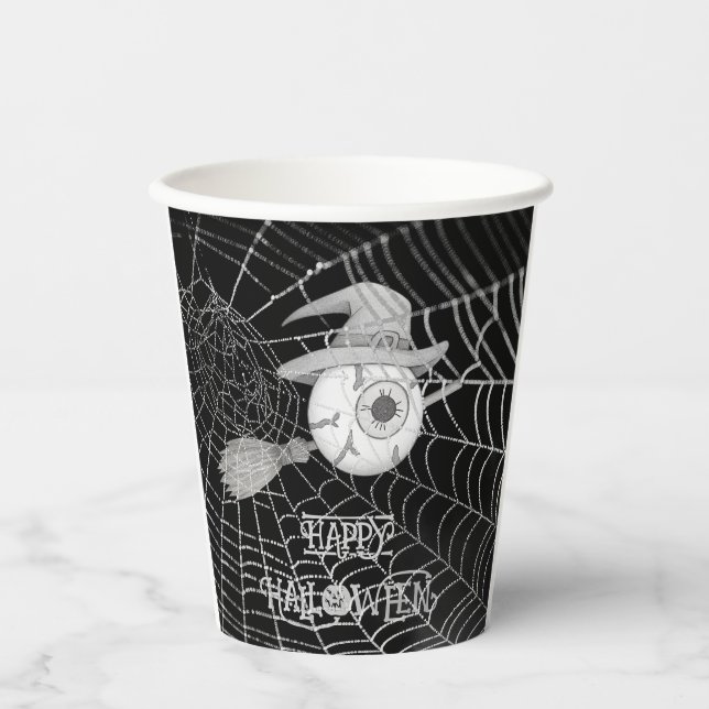 Gobelets En Papier Halloween balai sorcière, globe oculaire effrayant (Recto)