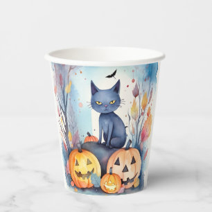 Gobelets En Papier Halloween Chat Bleu Oriental Avec Peur Citrouille