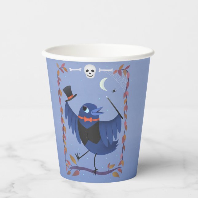 Gobelets En Papier Halloween Corbeau Corbeau Lune Bleu (Recto)
