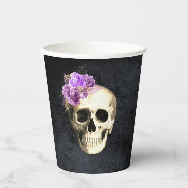 Gobelets En Papier Halloween Crâne pourpre Roses (Recto)
