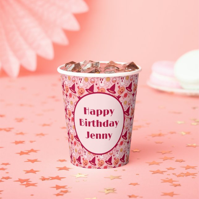 Gobelets En Papier Halloween Cute Birthday Ajouter Nom Pink Pastel (Insitu)