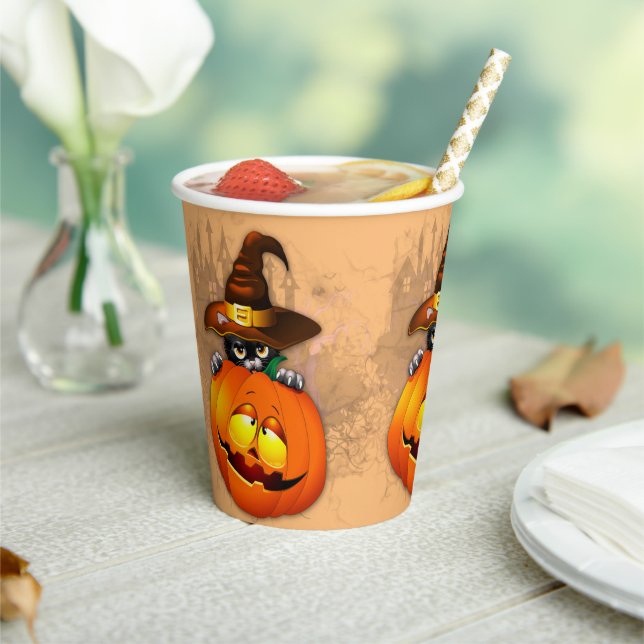 Gobelets En Papier Halloween Cute Kitty Witch et ami Citrouille (Insitu)