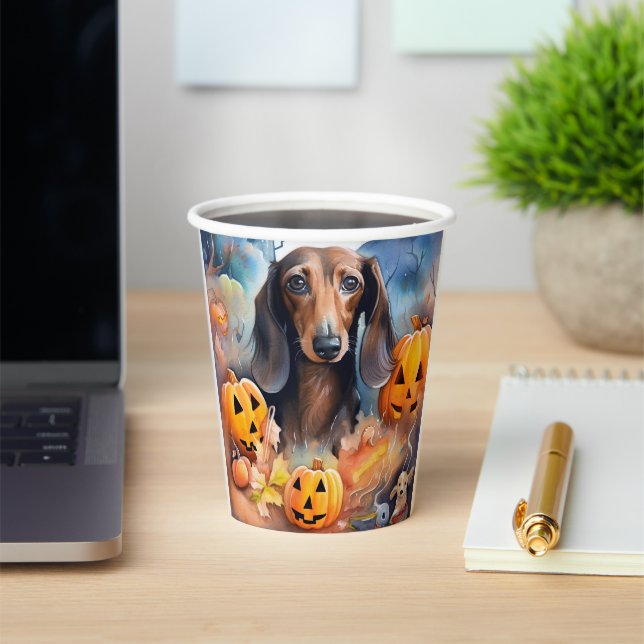 Gobelets En Papier Halloween Dachshund Avec La Peur Citrouille (Insitu)