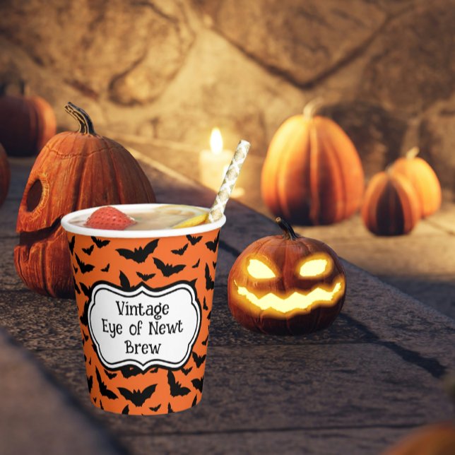 Gobelets En Papier Halloween Fun Orange / Noir chauves-souris volante (Yummy Halloween beverage!)