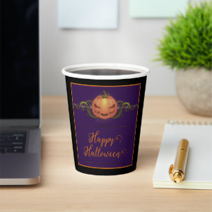 Gobelets En Papier Halloween Jack-o-lanterne effrayant   Noir