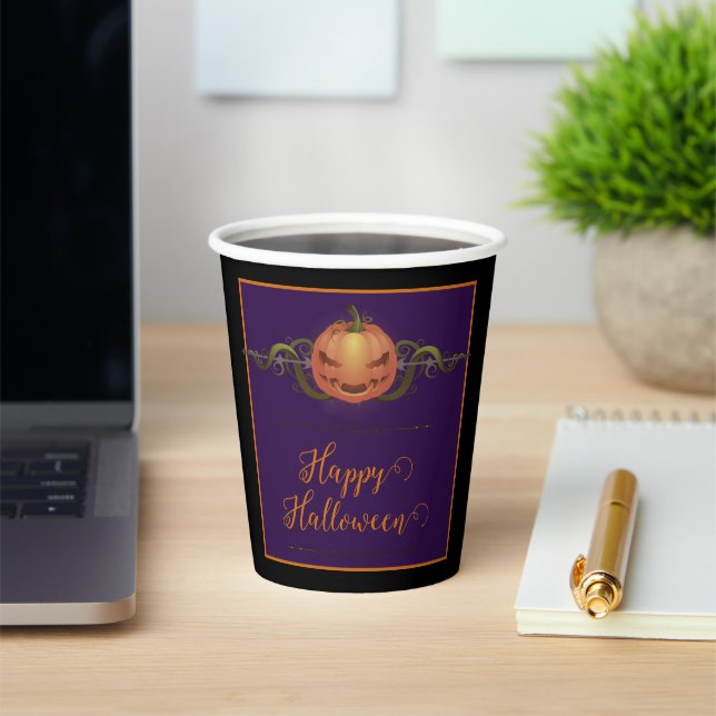 Gobelets En Papier Halloween Jack-o-lanterne effrayant | Noir (Insitu)