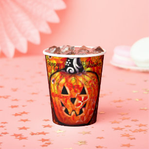 Gobelets En Papier Halloween lunaire Jack-O-Lantern Abstrait Orange