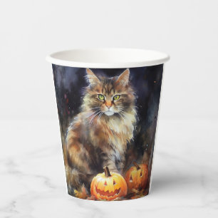 Gobelets En Papier Halloween Maine Coon Chat Avec Crainte Citrouille