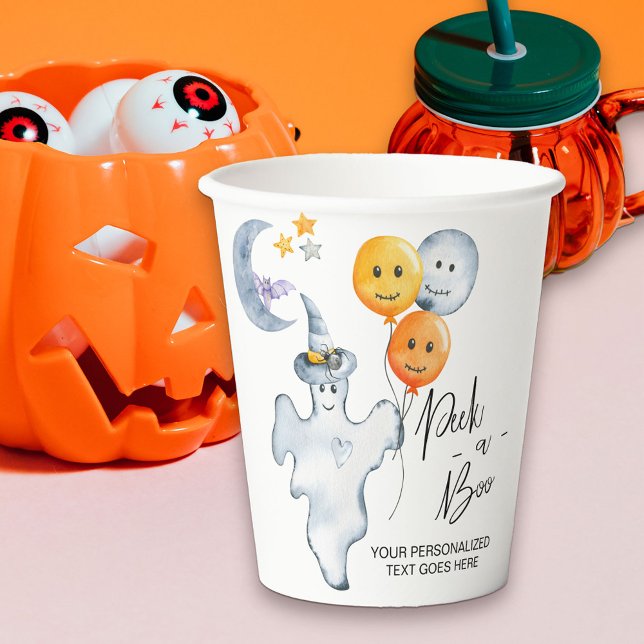 Gobelets En Papier Halloween Mignon Fantôme et Ballons Cache-Cache (Cute Peek-a-Boo Halloween Party paper cups)