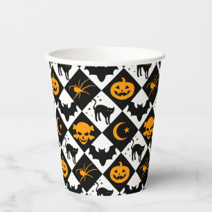 Gobelets En Papier Halloween noir blanc Orange arlequin Motif