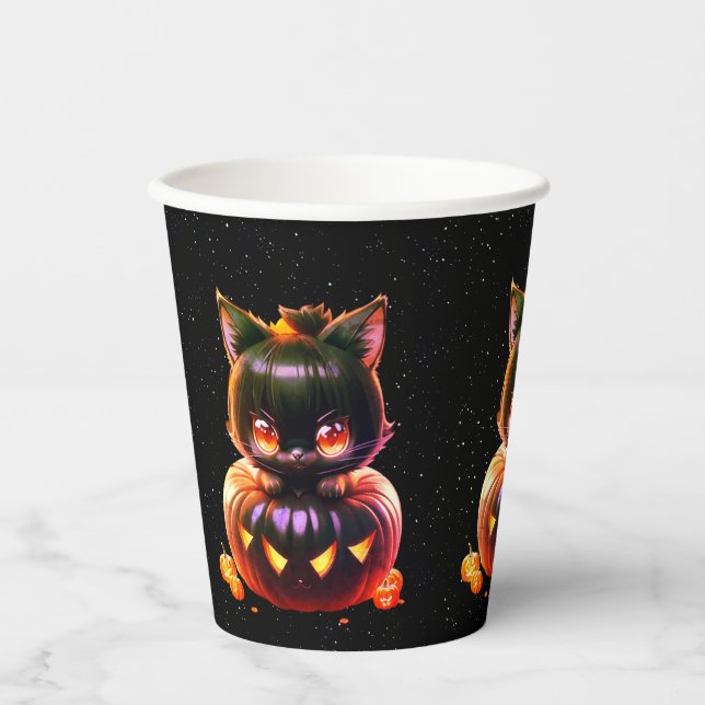 Gobelets En Papier Halloween Party Chat noir Citrouille Horreur (Recto)
