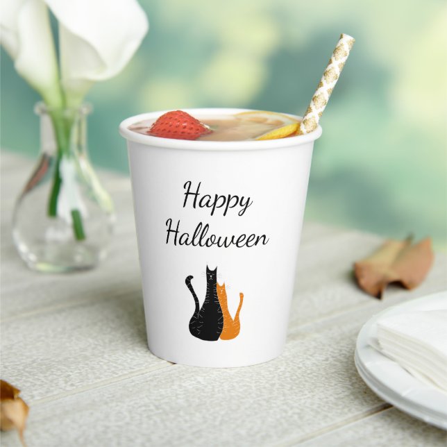Gobelets En Papier Halloween Party Cute Cats Black Orange (Insitu)