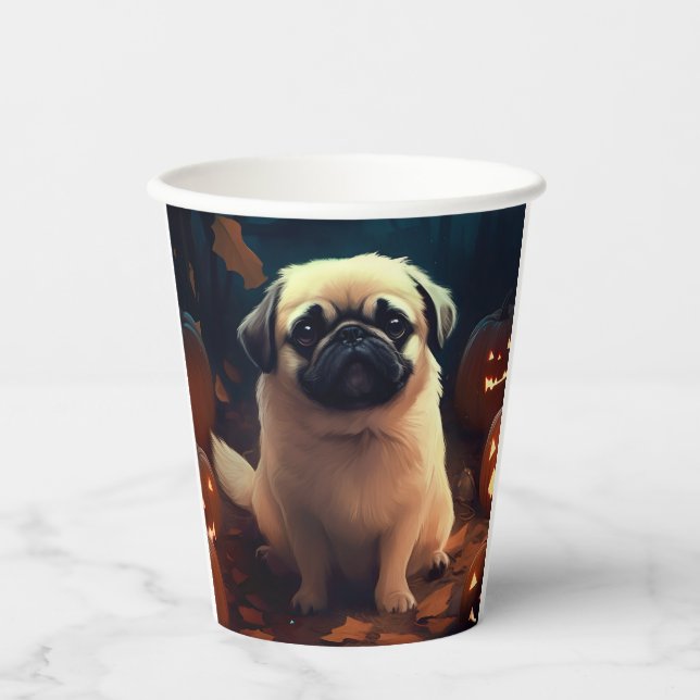 Gobelets En Papier Halloween Pekingese Avec Peur Citrouille (Recto)
