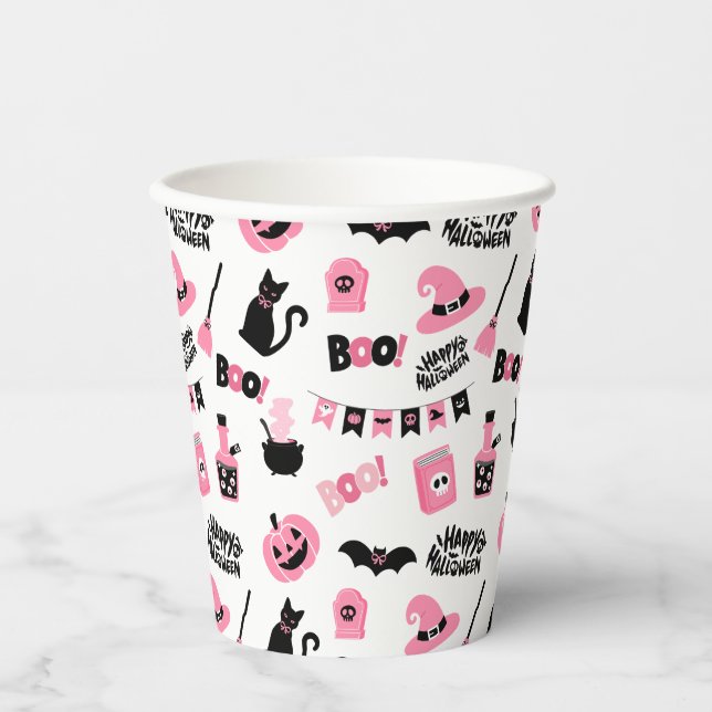 Gobelets En Papier Halloween rose et noir (Recto)