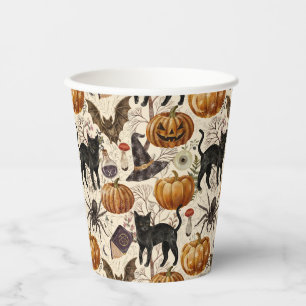Gobelets En Papier Halloween Vintage Chats Noirs & Citrouilles