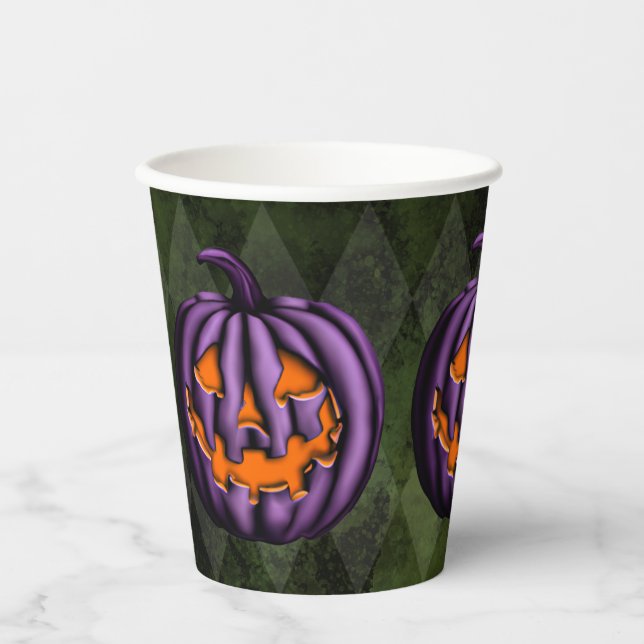 Gobelets En Papier Halloween violet Citrouille Grunge vert (Recto)