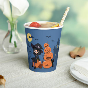Gobelets En Papier Halloween Witch, Chat noir et Citrouille