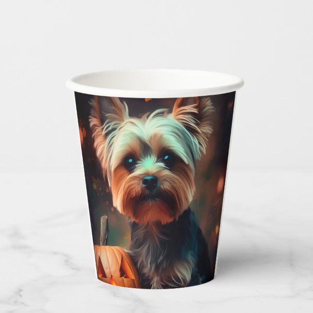 Gobelets En Papier Halloween Yorkshire Terrier Avec La Peur Citrouill (Recto)