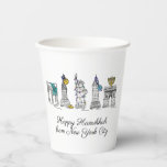 Gobelets En Papier Hanoukka heureuse de New York City NYC Chanukah<br><div class="desc">Design présente une illustration originale de plume et d'encre de divers monuments de New York, dont Statue de la Liberté, Washington Carré Arch et le Brooklyn Bridge, "habillé" pour la saison des fêtes. Idéal pour fêter Hanoukka et les fêtes juives. Ce design NYC est également disponible sur d'autres produits. Les...</div>