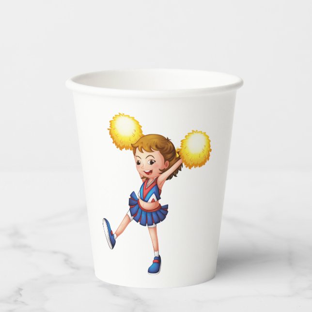 Gobelets En Papier Happy Cheerleader Girl Gold Pom Poms (Recto)
