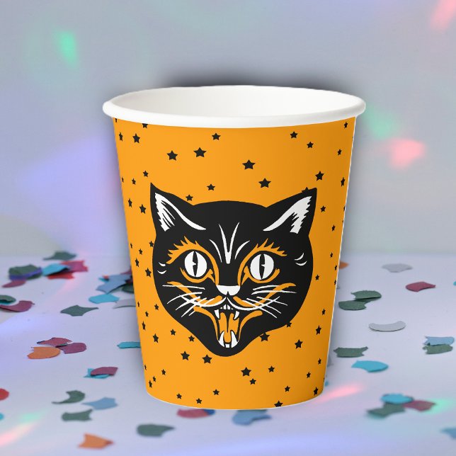 Gobelets En Papier Happy Classic Halloween noir visage de chat sur le (Fun Happy black and orange Halloween cat face on black stars on bright orange party paper cups.)