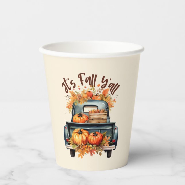 Gobelets En Papier Happy Fall Y'all - Camion rustique avec Citrouille (Recto)