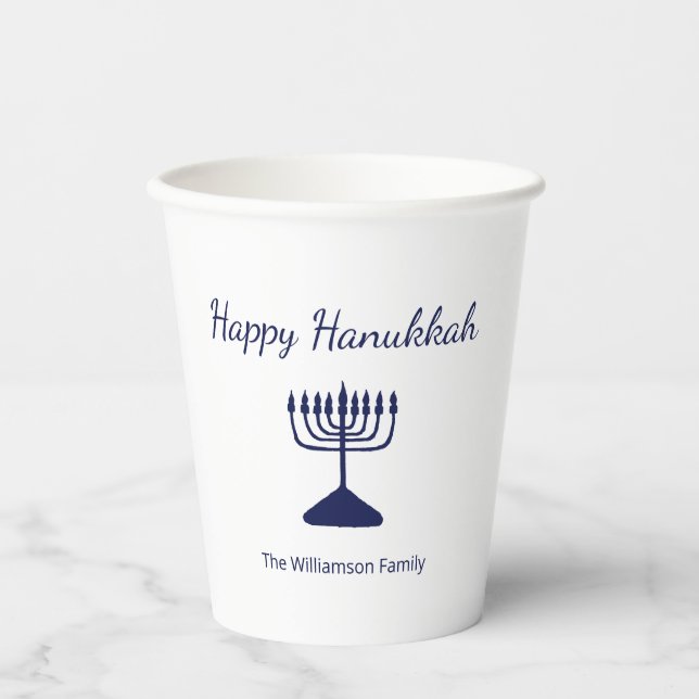 Gobelets En Papier Happy Hanoukka Simple Blue Menorah (Recto)