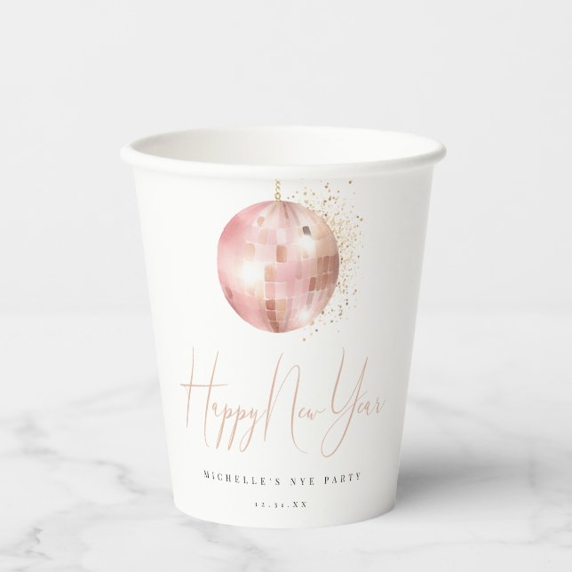 Gobelets En Papier Happy New Year Blush Pink Rose Gold Disco Ball (Recto)