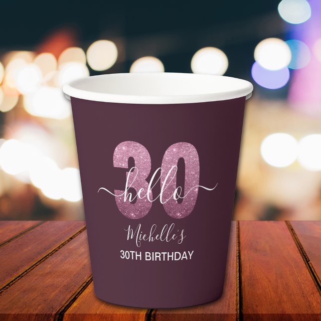 Gobelets En Papier Hello 30! Modern 30th birthday Pink glitter (Créateur téléchargé)