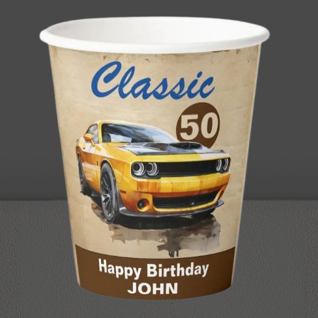 Gobelets En Papier heureux 50e anniversaire Classic Muscle Car (Celebrate a milestone with our stunning 50th Birthday Classic Yellow Muscle Car)