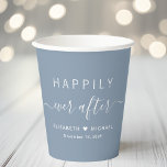 Gobelets En Papier Heureux Jamais après Dusty Mariage bleu<br><div class="desc">Des tasses en papier bleu poussiéreux pour votre réception de mariage, des fêtes de fiançailles, des dîners de répétition, des douches en couple et d'autres célébrations mariages qui présentent "Happily Ever After" dans une typographie blanche moderne et simple et un script blanc élégant avec des swashes, vos prénoms rejoints par...</div>