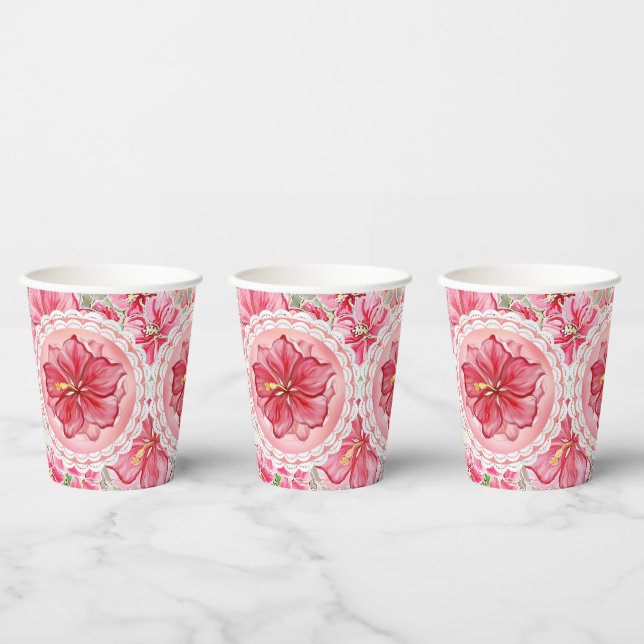 Gobelets En Papier Hibiscus & dentelle RED (Multi)