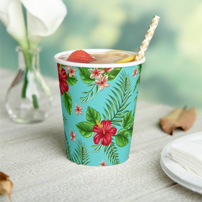 Gobelets En Papier Hibiscus Tropical Rose Cute Fleur Sur Turquoise (Insitu)