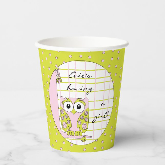 Gobelets en papier "Hibou rose/vert" 8 oz. (Recto)