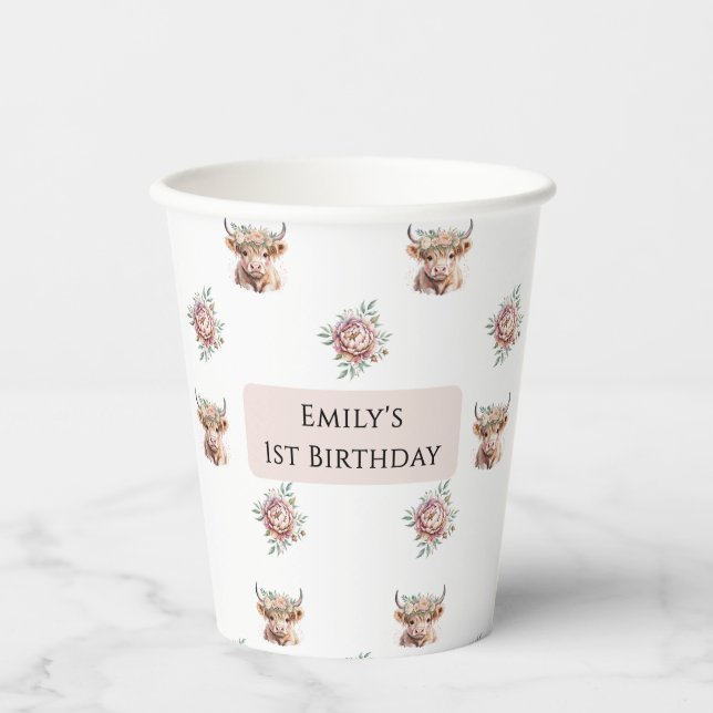 Gobelets En Papier Highland Cow Birthday Girl Boho Farm Party (Recto)