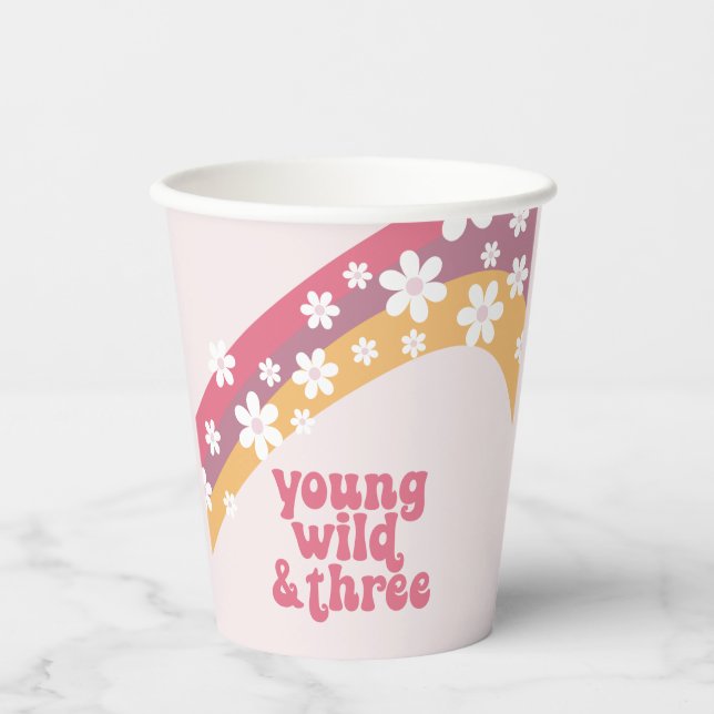 Gobelets En Papier Hippie Young Wild et Trois Daisy Anniversaire (Recto)