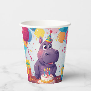 Gobelets En Papier Hippopotame adorable célébrant son anniversaire av