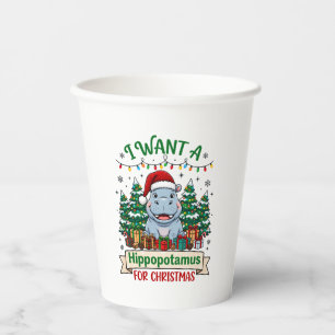 Gobelets En Papier Hippopotame Noël Hippo Chapeau de Père Noël Arbres