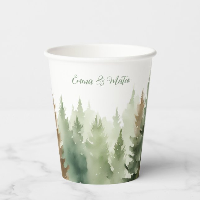 Gobelets En Papier Hiver Aquarelle Pine arbres Mariage forestier (Verso)