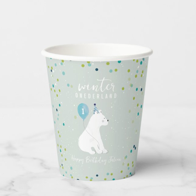 Gobelets En Papier Hiver Onederland Bleu Anniversaire Neige Ours pola (Recto)