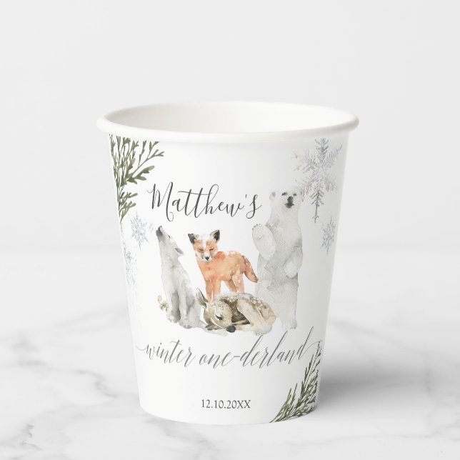 Gobelets En Papier Hiver Onederland Bois Animaux Anniversaire (Recto)