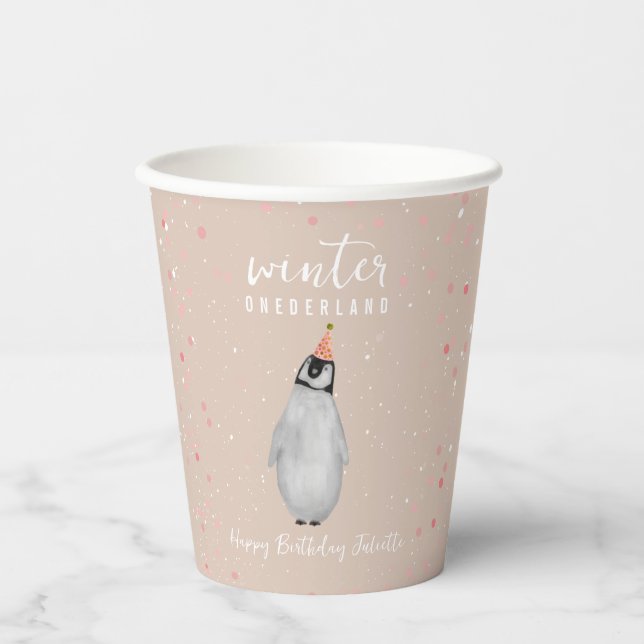 Gobelets En Papier Hiver Onederland rose Anniversaire Penguin Anniver (Recto)