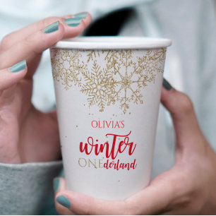 Gobelets En Papier Hiver ONEderland Rouge avec Gold Snowflake Anniver