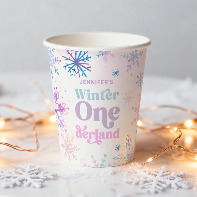 Gobelets En Papier Hiver Onederland Snowflakes Fille Neige Anniversai (Créateur téléchargé)