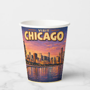 Gobelets En Papier Horizon de Chicago et lac Michigan au crépuscule